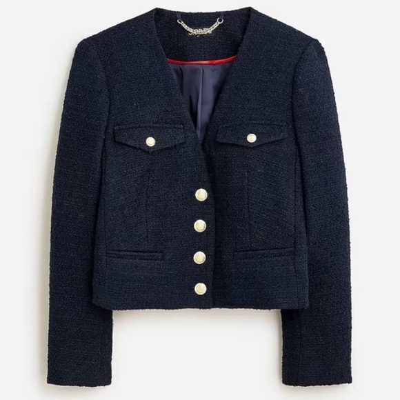 J. Crew 2023 Navy V-neck Lady Jacket in Maritime Tweed Size 00 - Picture 1 of 12
